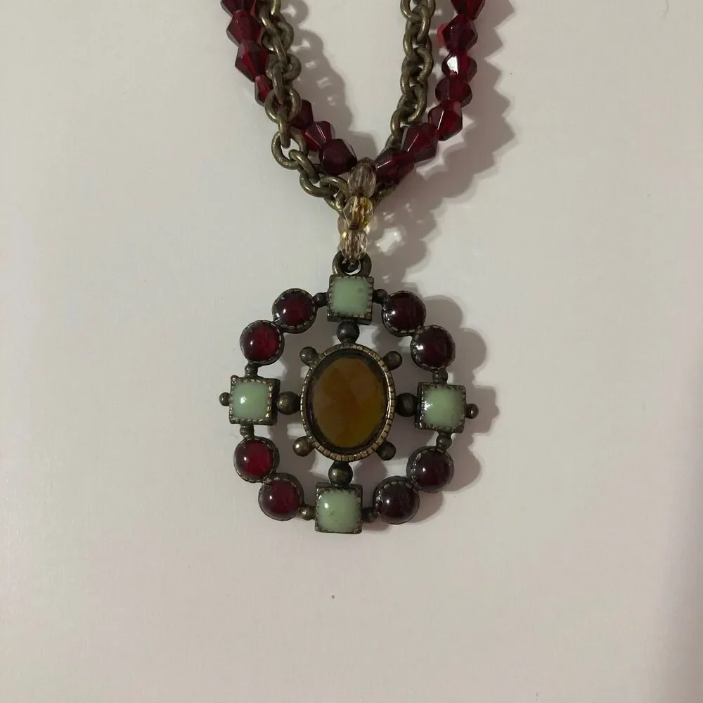 Maroon Mint Amber Bronze Tone Layered Chain Beaded Round Oval Pendant Necklace